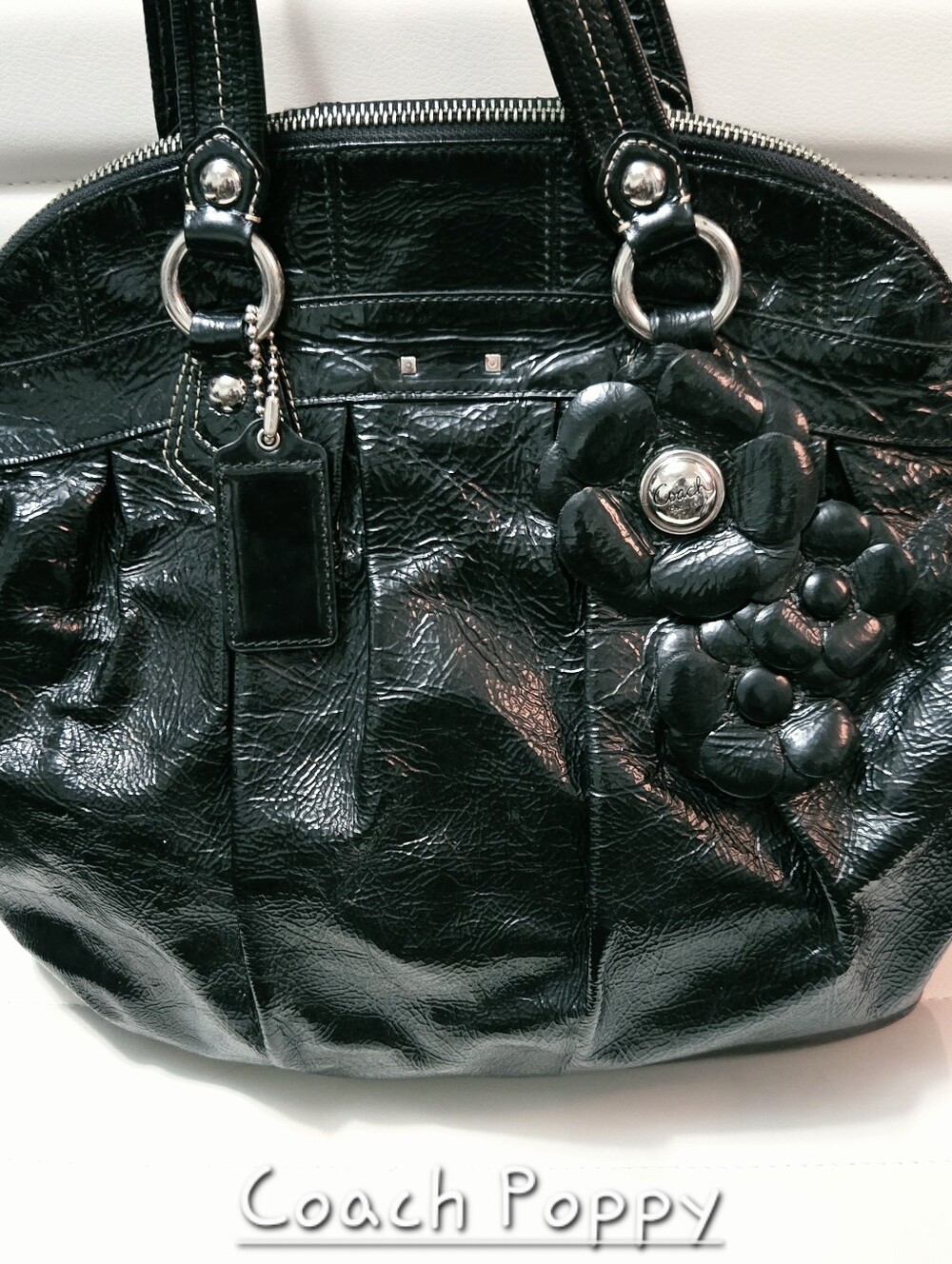 Coach Poppy Glossy Crinkle Patent Leather Satchel Black 16491. Flaw.